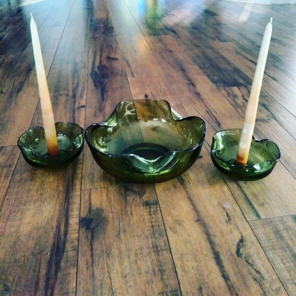Vintage Viking Glass Olive Green‎ Swung Console Bowl and Candle Holder Set MCM